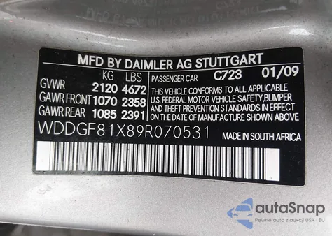 2009 Mercedes-Benz C 300 Luxury 4Matic/Sport 4Matic z USA, uszkodzony, nr VIN WDDGF81X89R070531